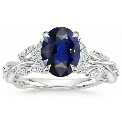 Natural Earth Mined Diamond Gemstone Ring Leaf Style Oval Cut Blue Sapphire 5 Carats