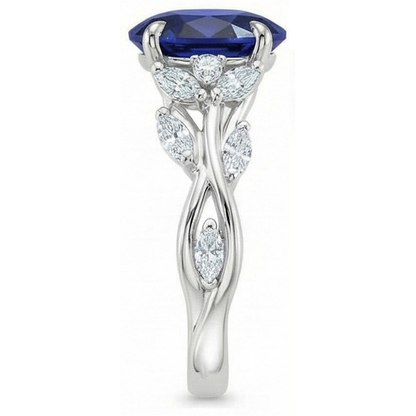 Natural Earth Mined Diamond Gemstone Ring Leaf Style Oval Cut Blue Sapphire 5 Carats