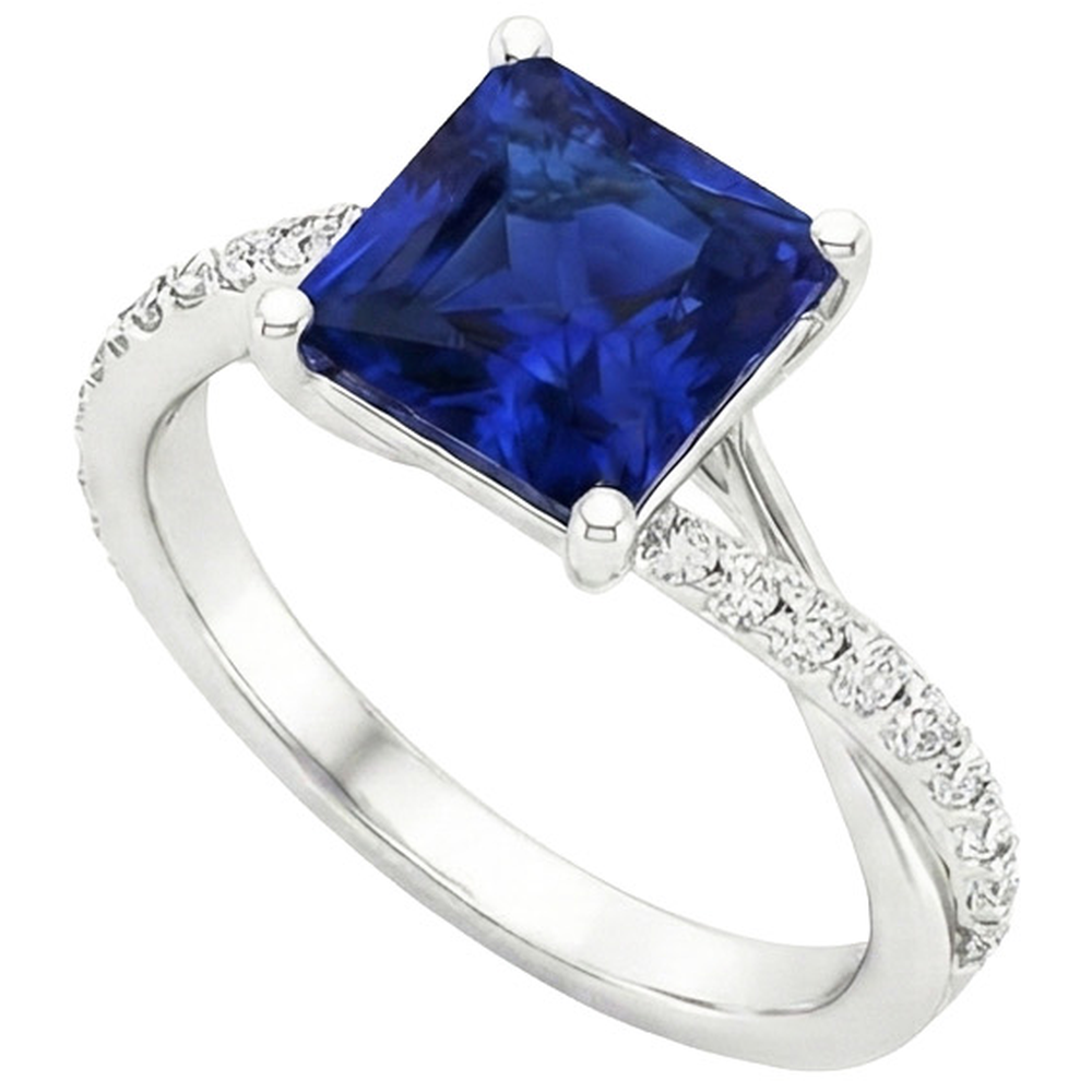 Natural Earth Mined Diamond Gold Jewelry Princess Blue Sapphire Ring With Accents 6 Carats