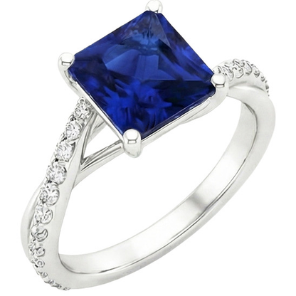 Natural Earth Mined Diamond Gold Jewelry Princess Blue Sapphire Ring With Accents 6 Carats