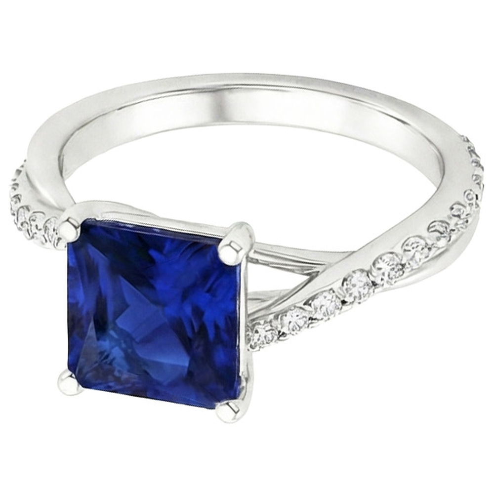 Natural Earth Mined Diamond Gold Jewelry Princess Blue Sapphire Ring With Accents 6 Carats