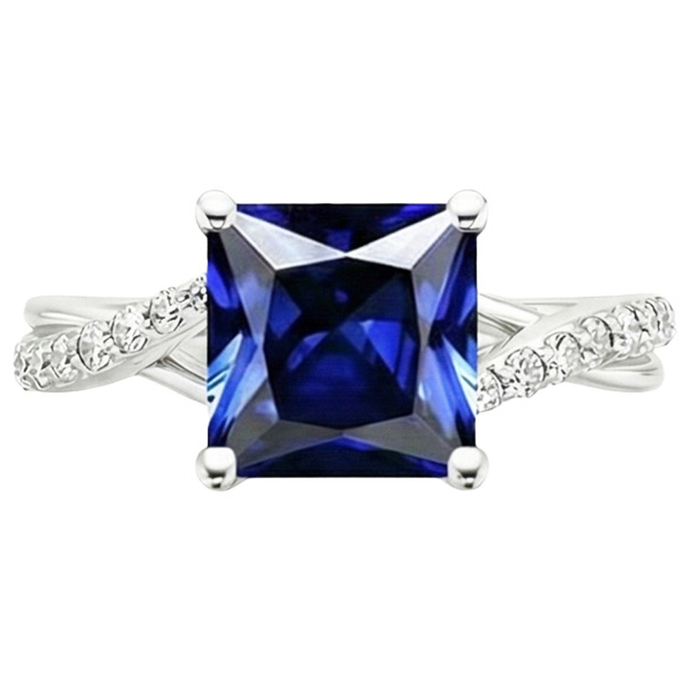 Natural Earth Mined Diamond Gold Jewelry Princess Blue Sapphire Ring With Accents 6 Carats