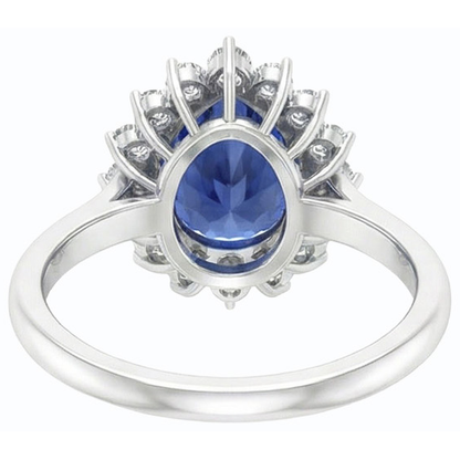 Natural Earth Mined Diamond Halo Anniversary Pear Shaped Blue Sapphire Ring 4.50 Carats
