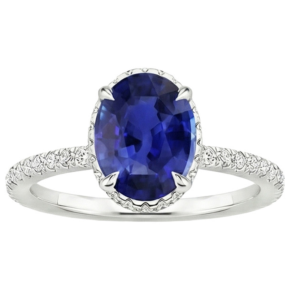 Natural Earth Mined Diamond Halo Anniversary Ring Oval Sri Lankan Sapphire 4 Carats