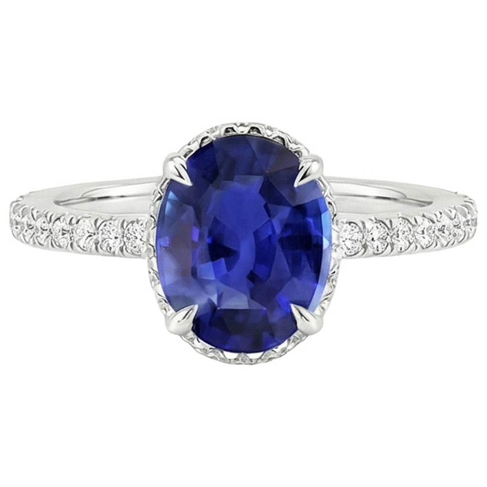 Natural Earth Mined Diamond Halo Anniversary Ring Oval Sri Lankan Sapphire 4 Carats