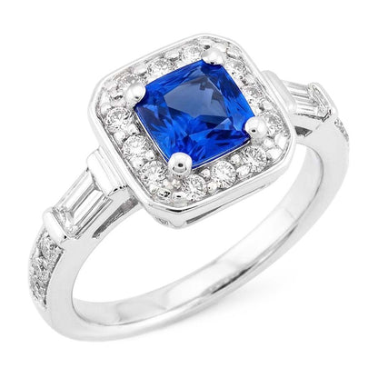 Natural Earth Mined Diamond Halo Cushion Blue Sapphire Ring 2 Carats Women’s Jewelry