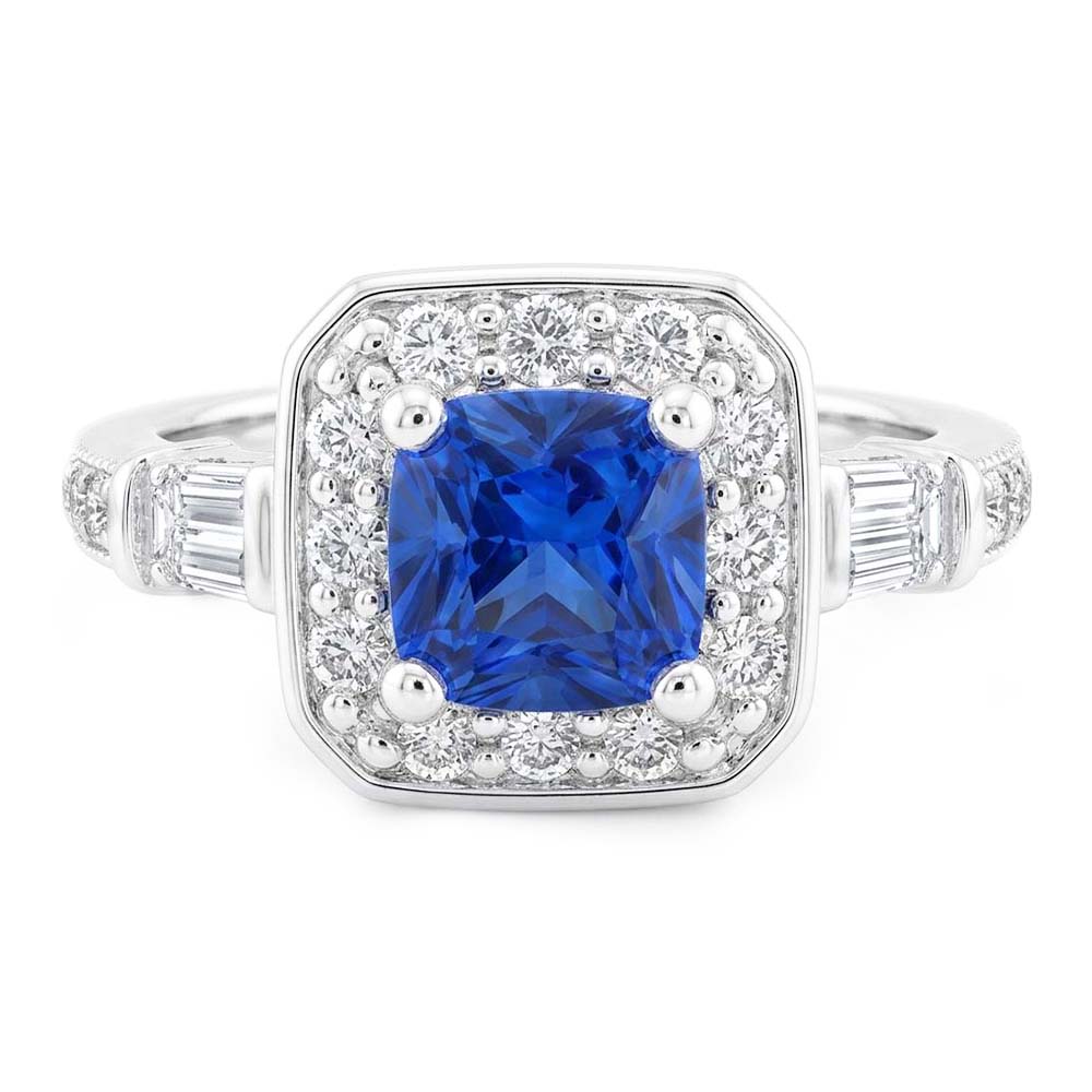 Natural Earth Mined Diamond Halo Cushion Blue Sapphire Ring 2 Carats Women’s Jewelry