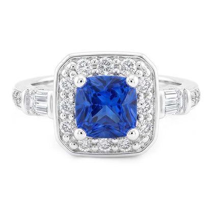 Natural Earth Mined Diamond Halo Cushion Blue Sapphire Ring 2 Carats Women’s Jewelry