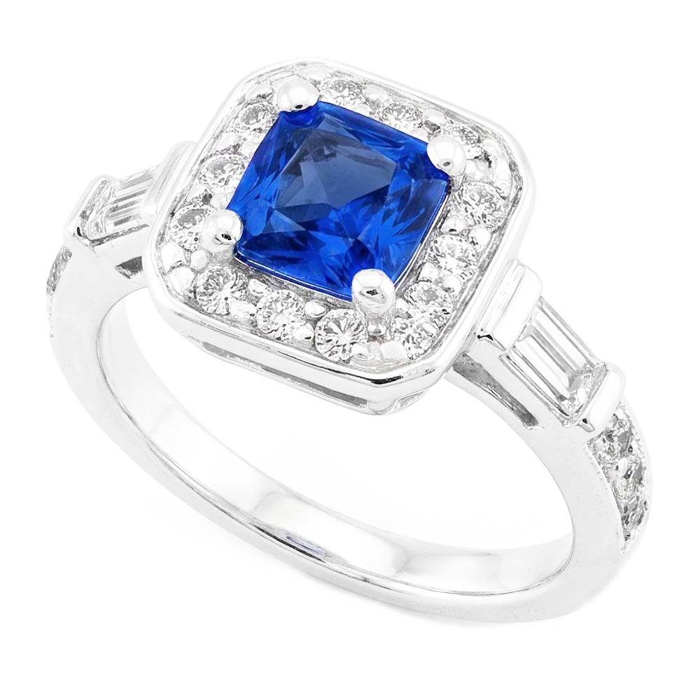 Natural Earth Mined Diamond Halo Cushion Blue Sapphire Ring 2 Carats Women’s Jewelry