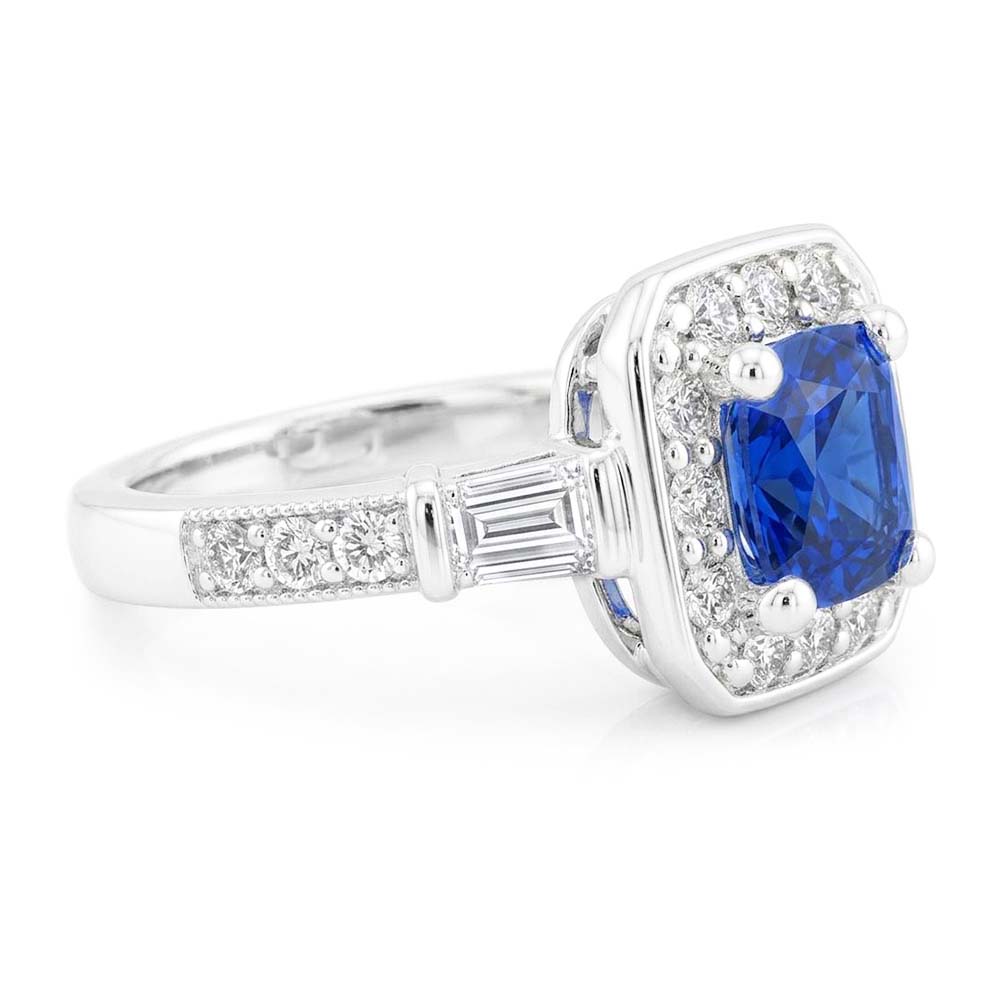 Natural Earth Mined Diamond Halo Cushion Blue Sapphire Ring 2 Carats Women’s Jewelry