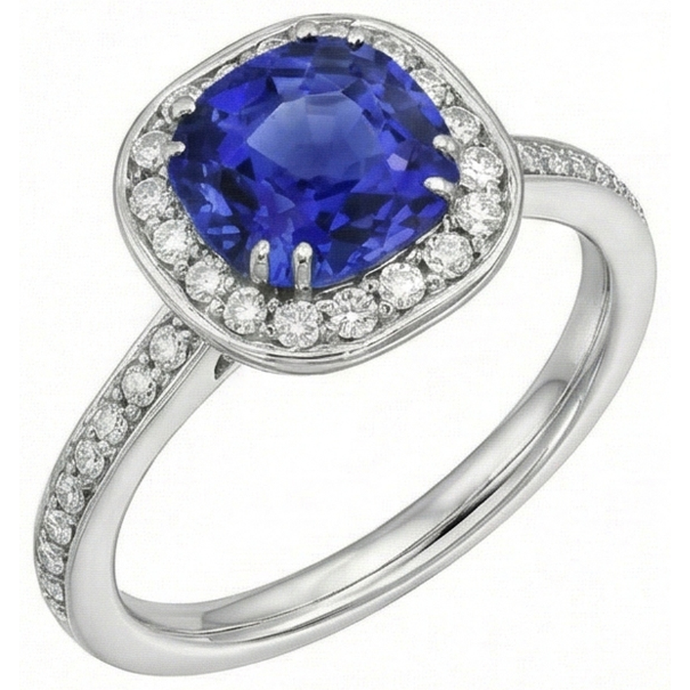 Natural Earth Mined Diamond Halo Cushion Blue Sapphire Ring 3 Carats White Gold 14K