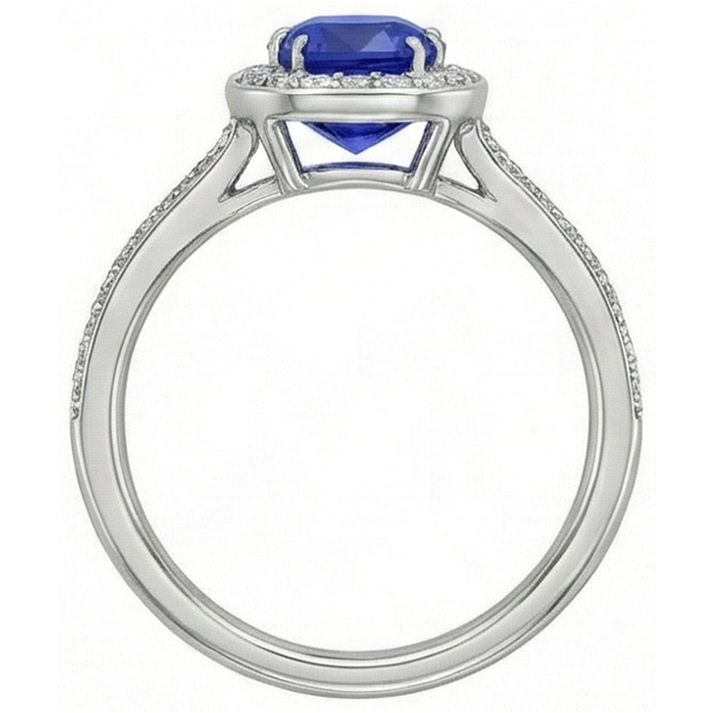 Natural Earth Mined Diamond Halo Cushion Blue Sapphire Ring 3 Carats White Gold 14K