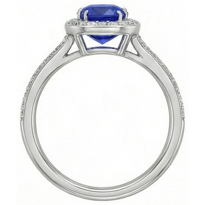 Natural Earth Mined Diamond Halo Cushion Blue Sapphire Ring 3 Carats White Gold 14K