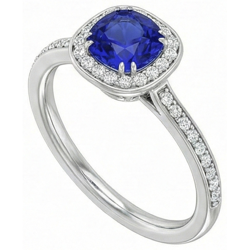 Natural Earth Mined Diamond Halo Cushion Blue Sapphire Ring 3 Carats White Gold 14K