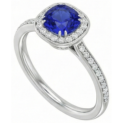 Natural Earth Mined Diamond Halo Cushion Blue Sapphire Ring 3 Carats White Gold 14K