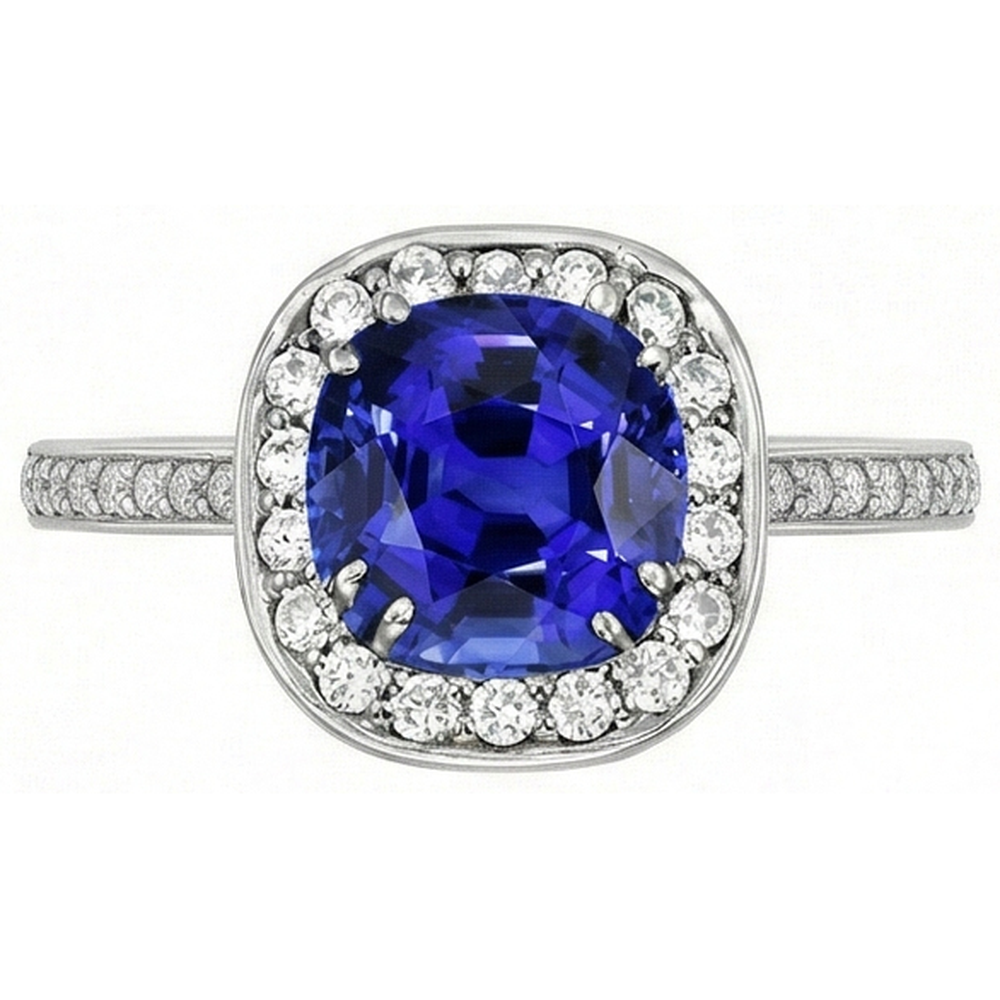 Natural Earth Mined Diamond Halo Cushion Blue Sapphire Ring 3 Carats White Gold 14K