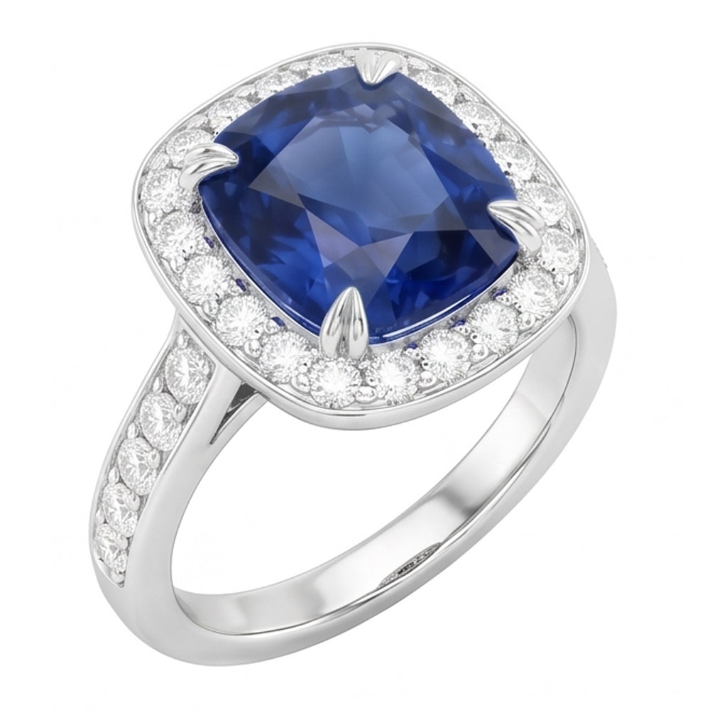 Natural Earth Mined Diamond Halo Cushion Ceylon Sapphire Ring Pave Set 3.50 Carats Gold