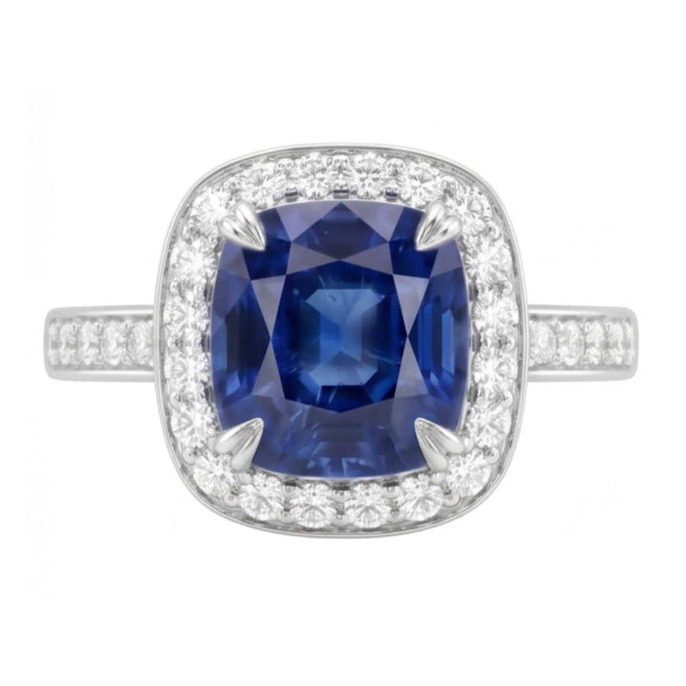 Natural Earth Mined Diamond Halo Cushion Ceylon Sapphire Ring Pave Set 3.50 Carats Gold