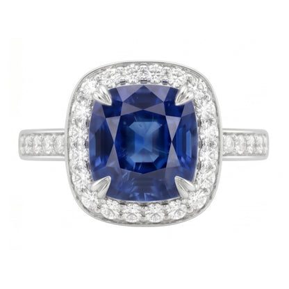 Natural Earth Mined Diamond Halo Cushion Ceylon Sapphire Ring Pave Set 3.50 Carats Gold