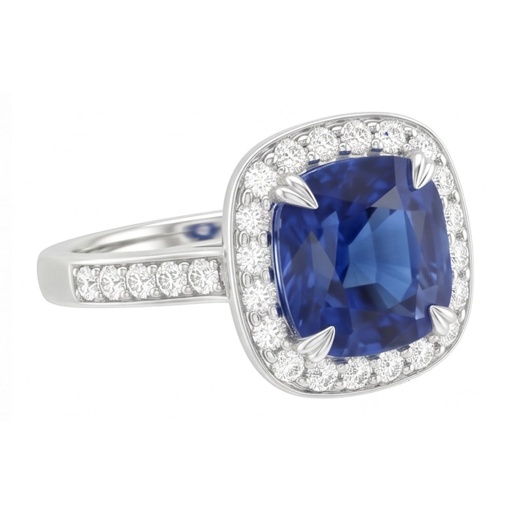 Natural Earth Mined Diamond Halo Cushion Ceylon Sapphire Ring Pave Set 3.50 Carats Gold