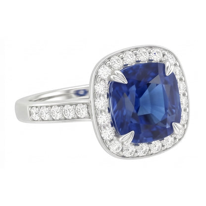 Natural Earth Mined Diamond Halo Cushion Ceylon Sapphire Ring Pave Set 3.50 Carats Gold