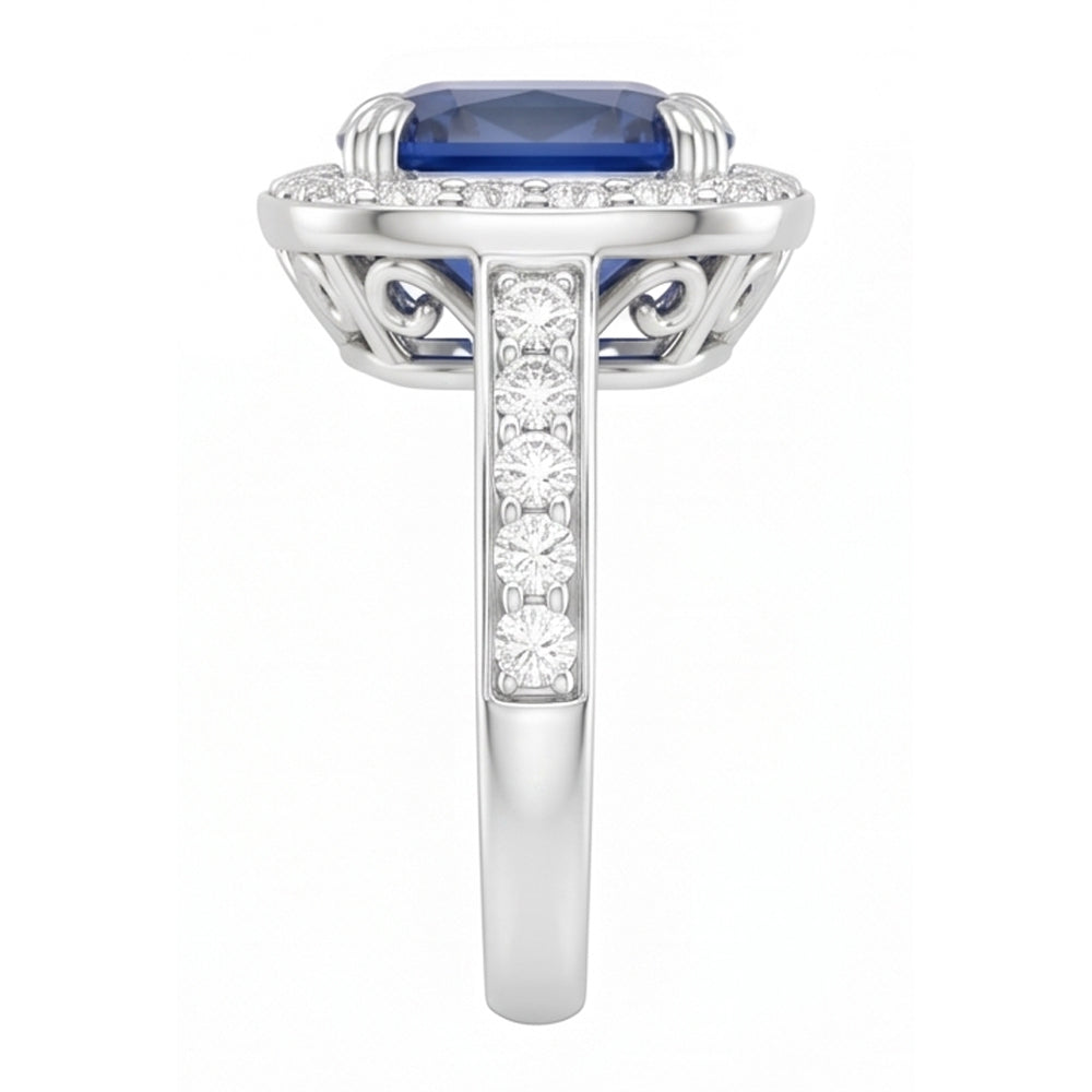 Natural Earth Mined Diamond Halo Cushion Ceylon Sapphire Ring Pave Set 3.50 Carats Gold