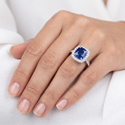 Natural Earth Mined Diamond Halo Cushion Ceylon Sapphire Ring Pave Set 3.50 Carats Gold