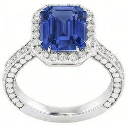 Natural Earth Mined Diamond Halo Emerald Blue Sapphire Ring 4 Carats Prong Set Milgrain