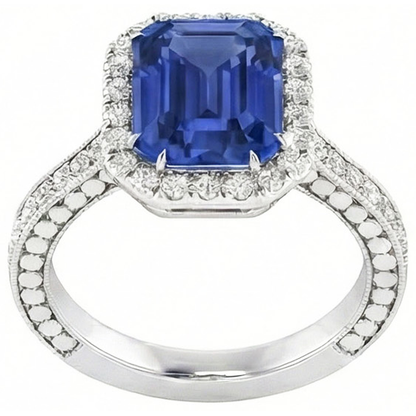 Natural Earth Mined Diamond Halo Emerald Blue Sapphire Ring 4 Carats Prong Set Milgrain