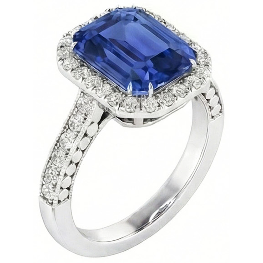 Natural Earth Mined Diamond Halo Emerald Blue Sapphire Ring 4 Carats Prong Set Milgrain