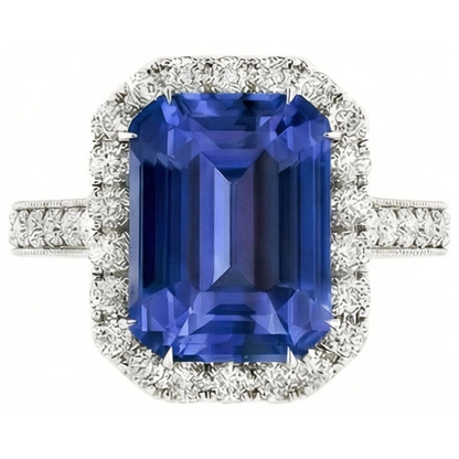 Natural Earth Mined Diamond Halo Emerald Blue Sapphire Ring 4 Carats Prong Set Milgrain