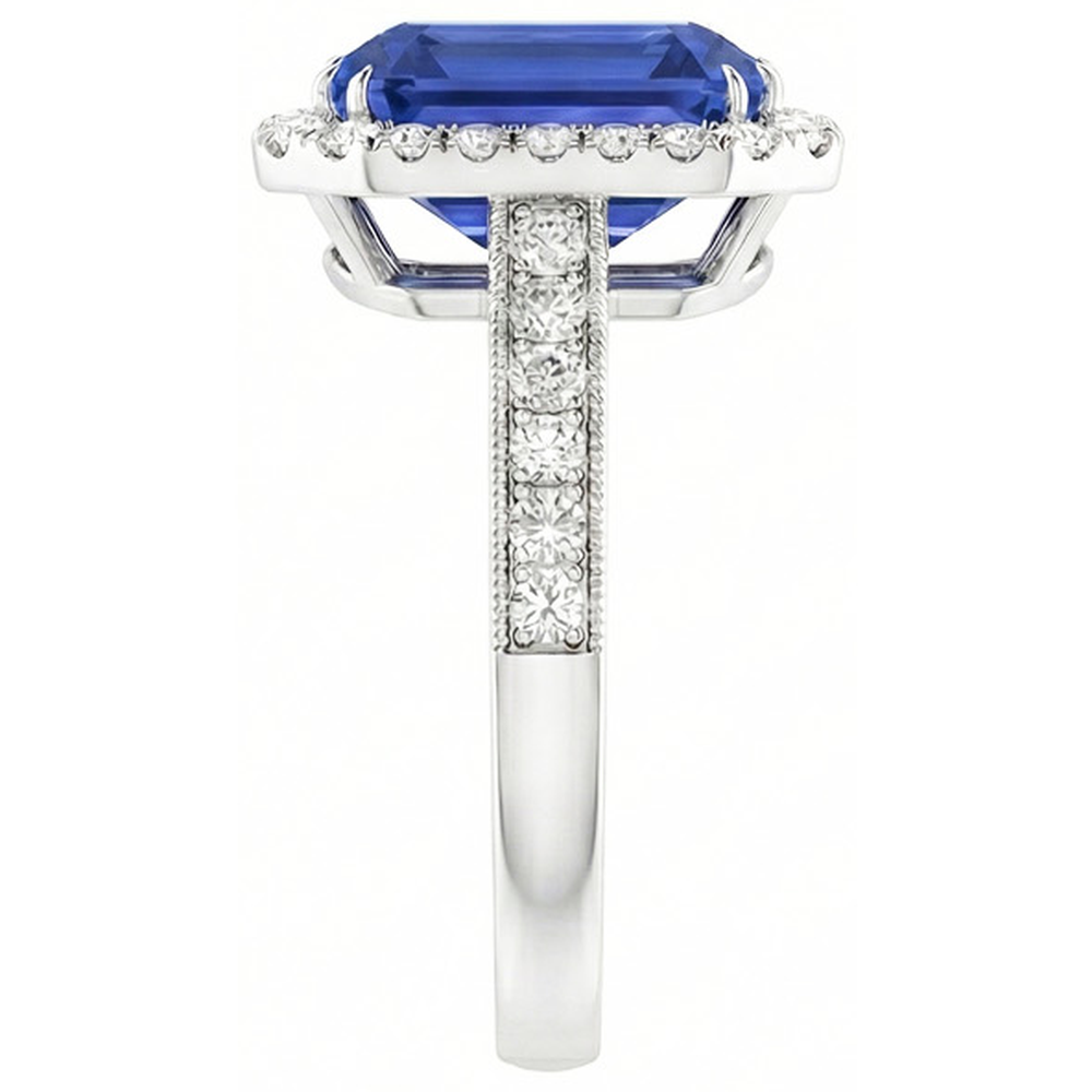 Natural Earth Mined Diamond Halo Emerald Blue Sapphire Ring 4 Carats Prong Set Milgrain