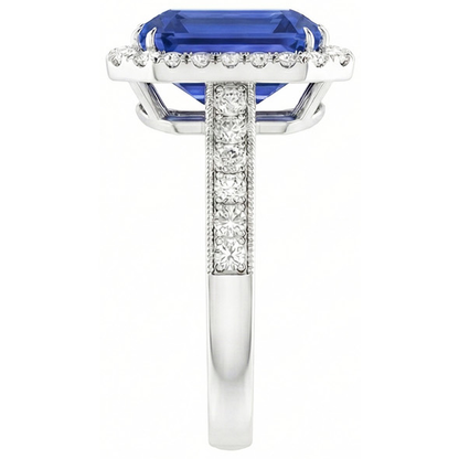 Natural Earth Mined Diamond Halo Emerald Blue Sapphire Ring 4 Carats Prong Set Milgrain