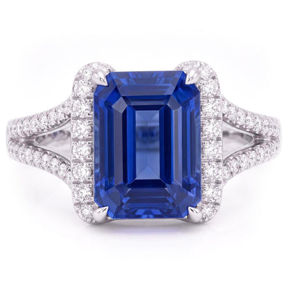 Natural Earth Mined Diamond Halo Emerald Ceylon Sapphire Ring Double Shank 4.50 Carats