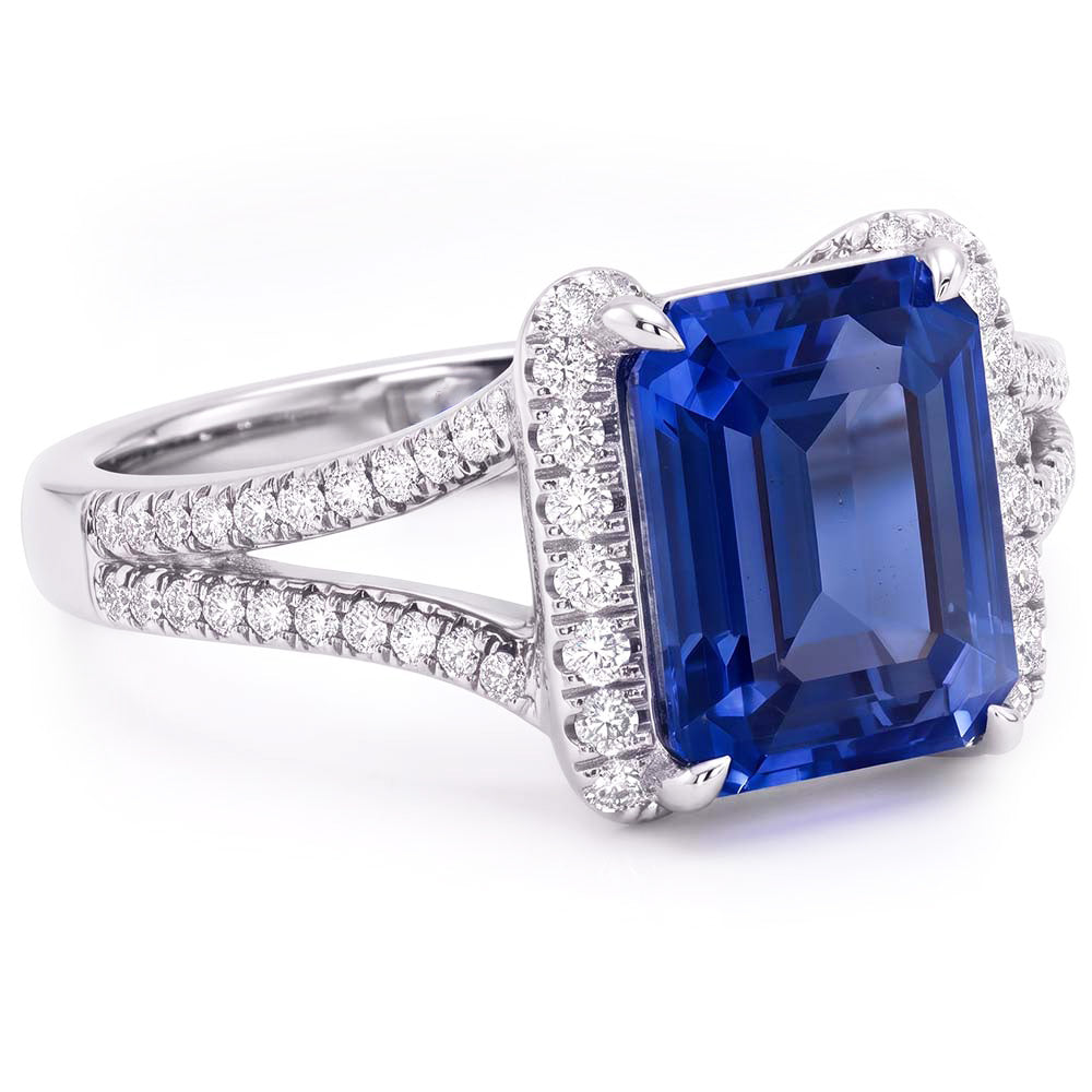 Natural Earth Mined Diamond Halo Emerald Ceylon Sapphire Ring Double Shank 4.50 Carats