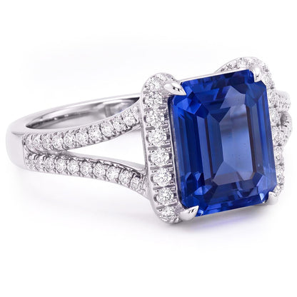 Natural Earth Mined Diamond Halo Emerald Ceylon Sapphire Ring Double Shank 4.50 Carats