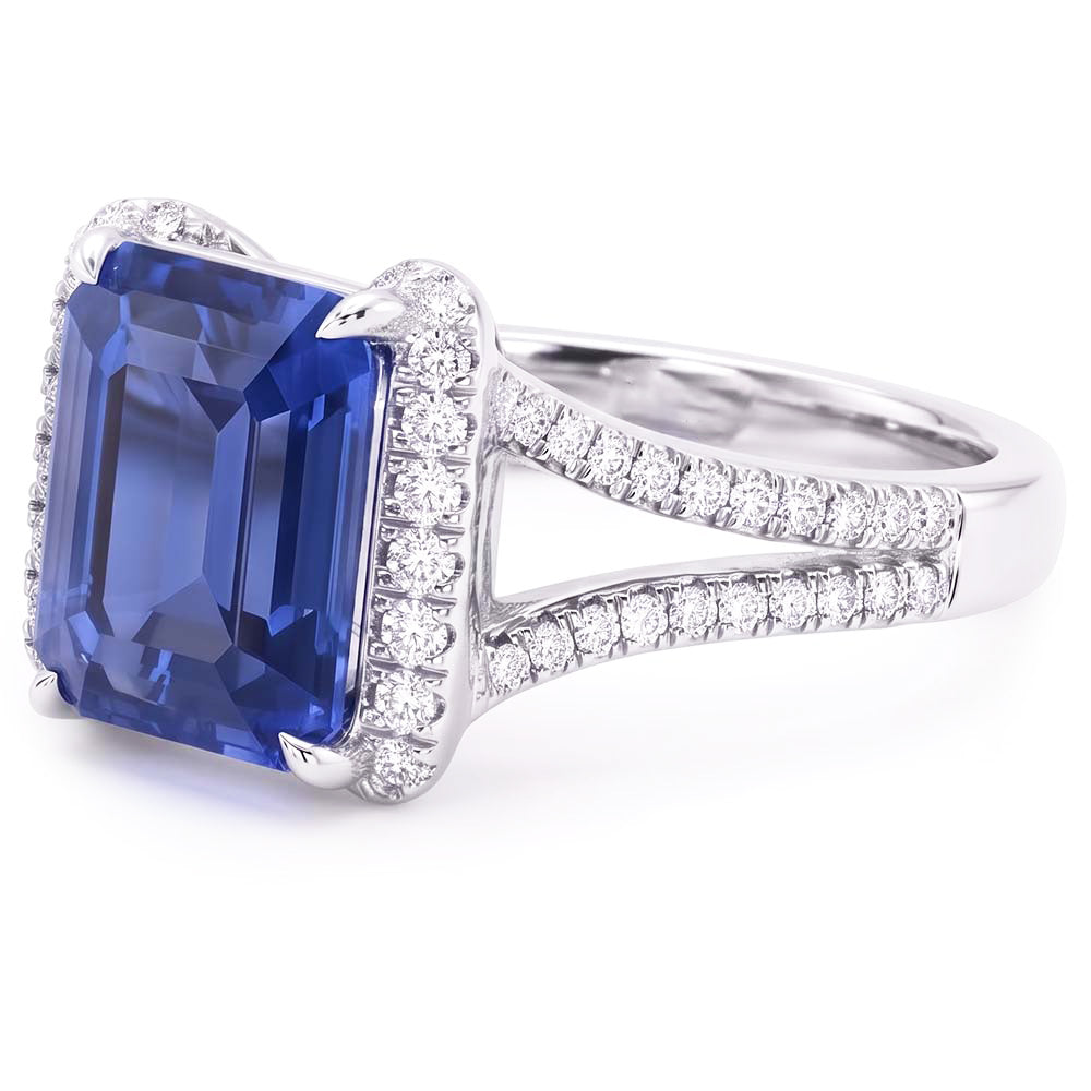 Natural Earth Mined Diamond Halo Emerald Ceylon Sapphire Ring Double Shank 4.50 Carats