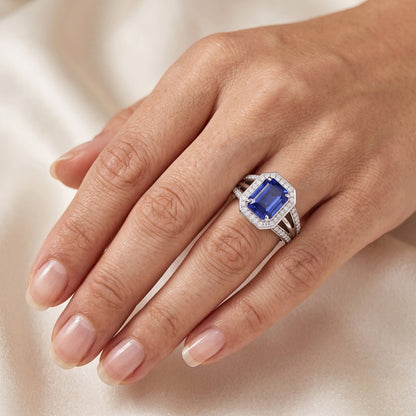 Natural Earth Mined Diamond Halo Emerald Sapphire Engagement Ring Split Shank 4.50 Carats