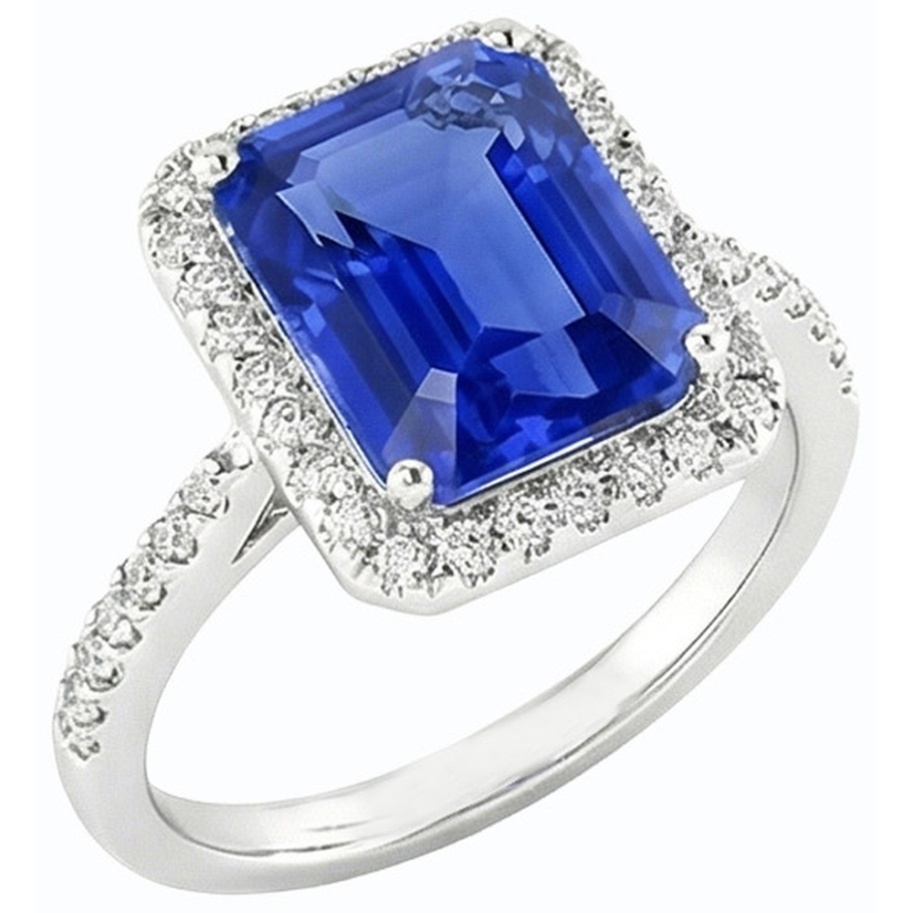 Natural Earth Mined Diamond Halo Emerald Sri Lankan Sapphire Ring 4.50 Carats Gold