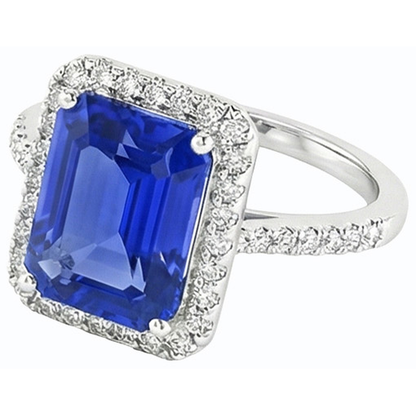 Natural Earth Mined Diamond Halo Emerald Sri Lankan Sapphire Ring 4.50 Carats Gold