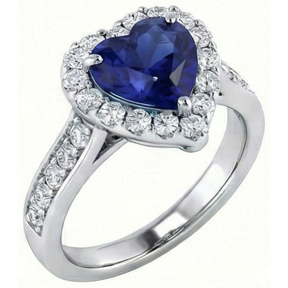 Natural Earth Mined Diamond Halo Engagement Ring Heart Cut Blue Sapphire 4 Carats