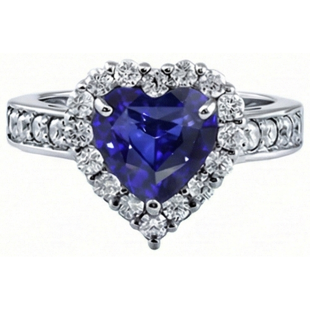 Natural Earth Mined Diamond Halo Engagement Ring Heart Cut Blue Sapphire 4 Carats
