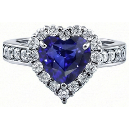 Natural Earth Mined Diamond Halo Engagement Ring Heart Cut Blue Sapphire 4 Carats