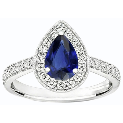 Natural Earth Mined Diamond Halo Engagement Ring Pear Srilanka Sapphire 4.50 Carats