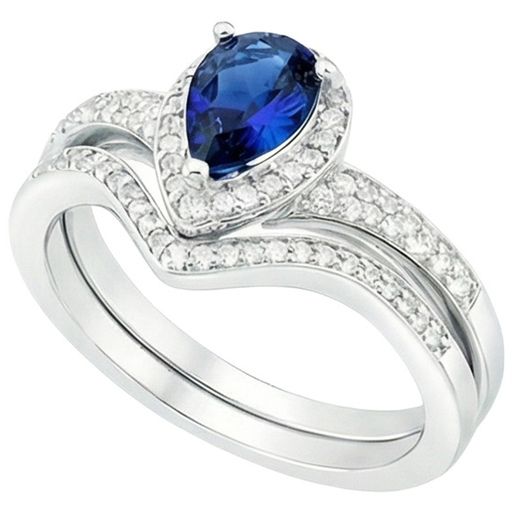 Natural Earth Mined Diamond Halo Engagement Ring Set Pear Cut Blue Sapphire New 4 Carats