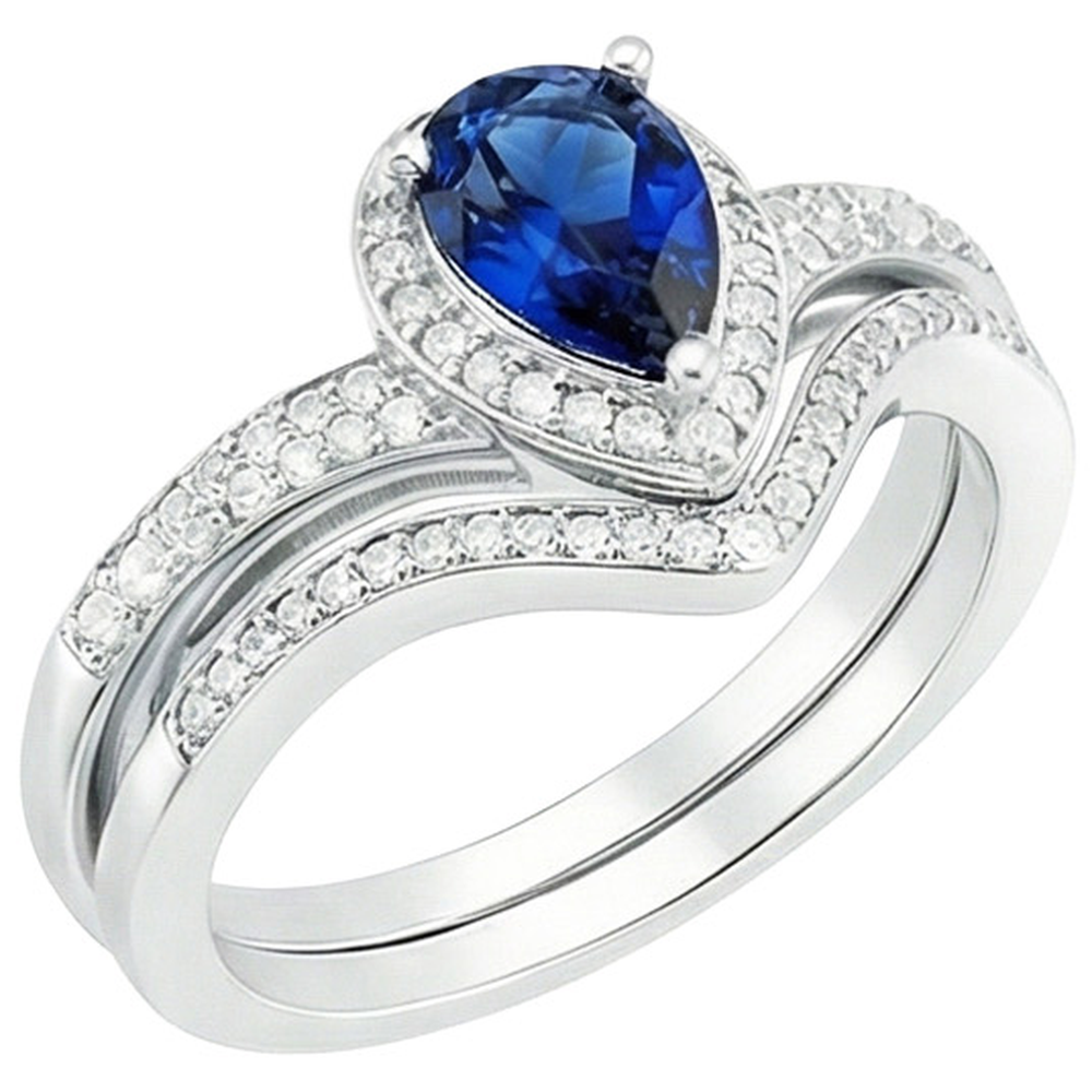 Natural Earth Mined Diamond Halo Engagement Ring Set Pear Cut Blue Sapphire New 4 Carats