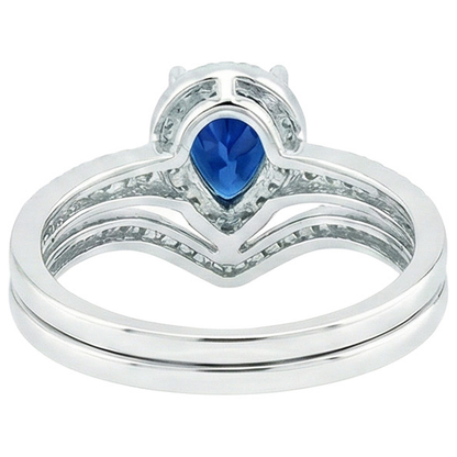 Natural Earth Mined Diamond Halo Engagement Ring Set Pear Cut Blue Sapphire New 4 Carats