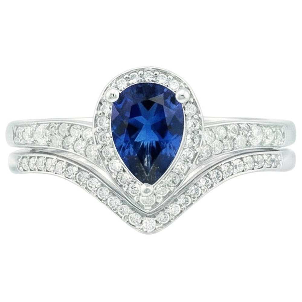 Natural Earth Mined Diamond Halo Engagement Ring Set Pear Cut Blue Sapphire New 4 Carats