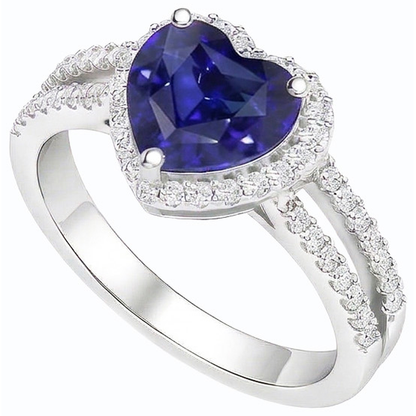 Natural Earth Mined Diamond Halo Heart Cut Sapphire Ring Double Shank 3.50 Carats