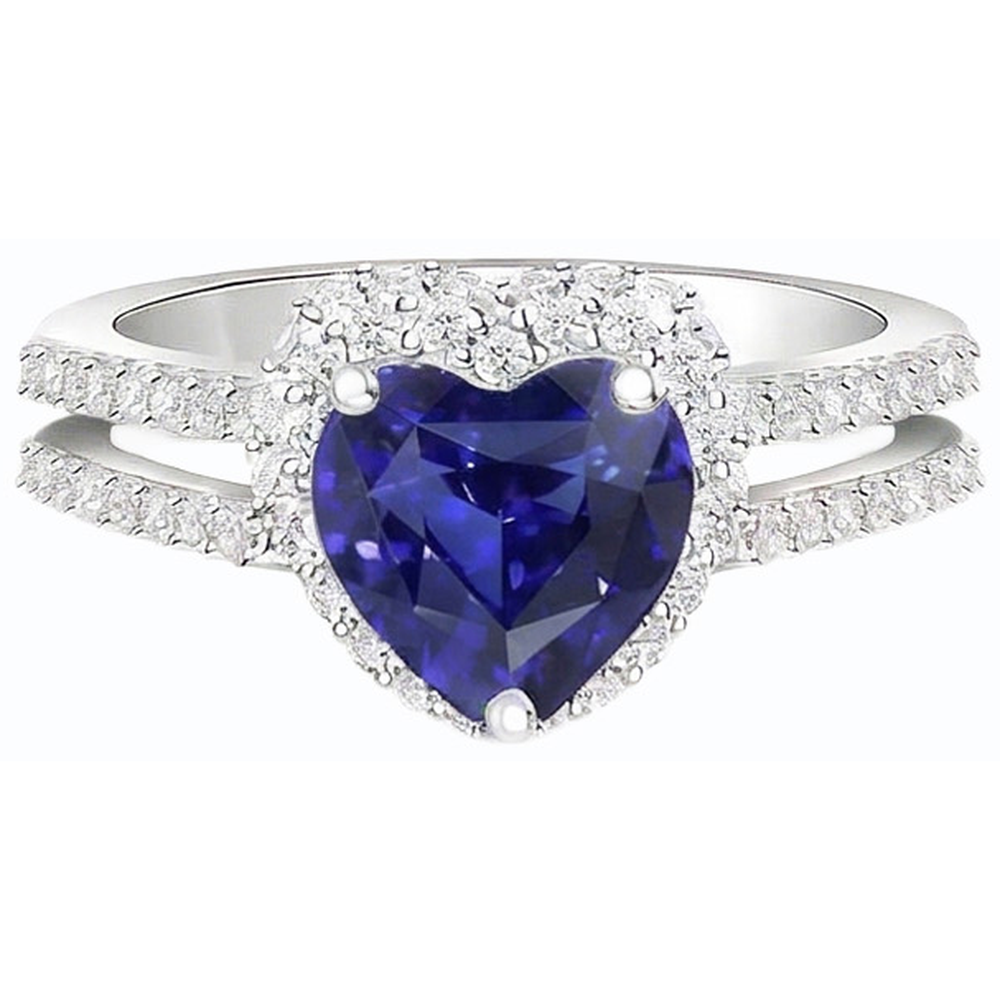 Natural Earth Mined Diamond Halo Heart Cut Sapphire Ring Double Shank 3.50 Carats